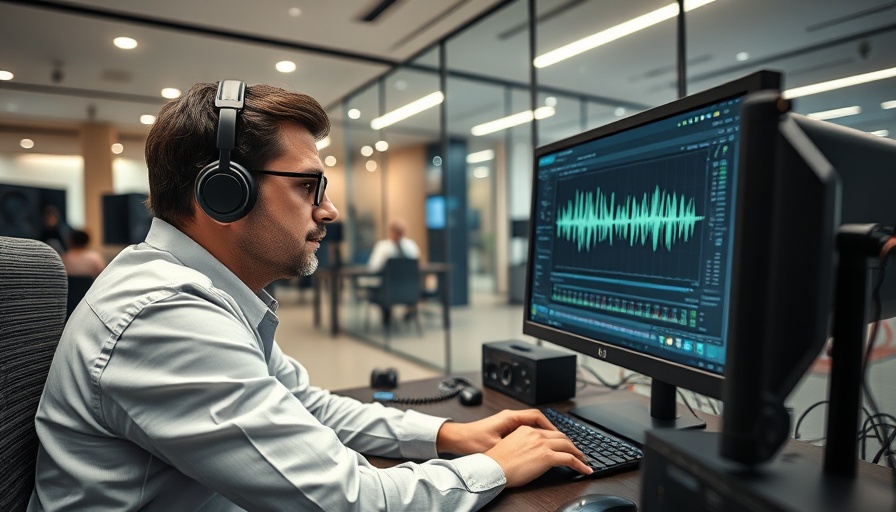Professional in a modern office using audio software, audio annotation outsourcing services.