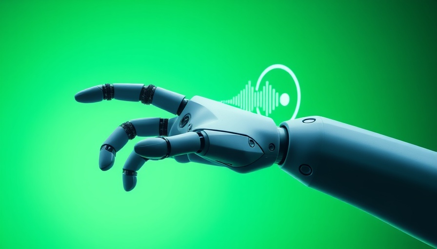 AI-Powered Social Listening: Robotic hand with audio icon on green background