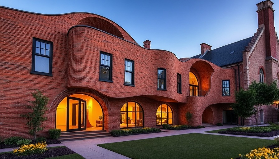 Contemporary art installation featuring a distorted brick building.
