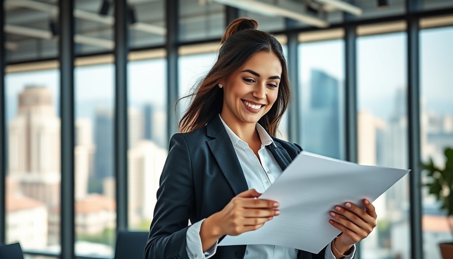 Confident woman reviewing documents in a modern office, an entrepreneurship success story.