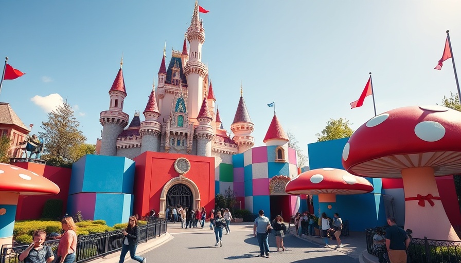 Vibrant theme park scene with colorful structures, legit discounts for theme parks.