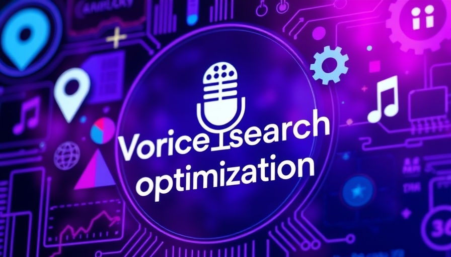 Voice search optimization digital illustration with tech icons.