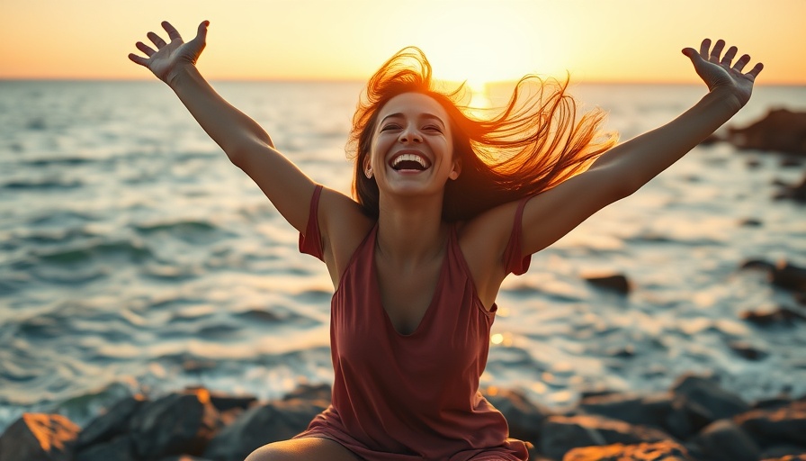Joyful woman embracing sunset by the sea, FIFO wife support.