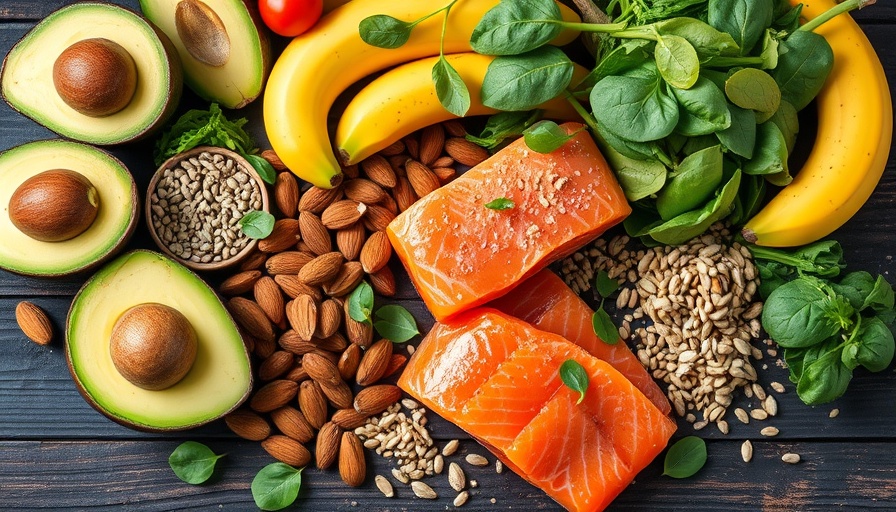Magnesium-rich foods assortment for families on a wooden table.