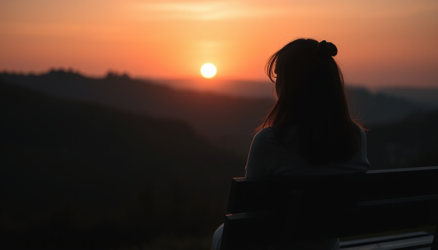 Woman sitting on a bench at sunset promoting mental health routines.