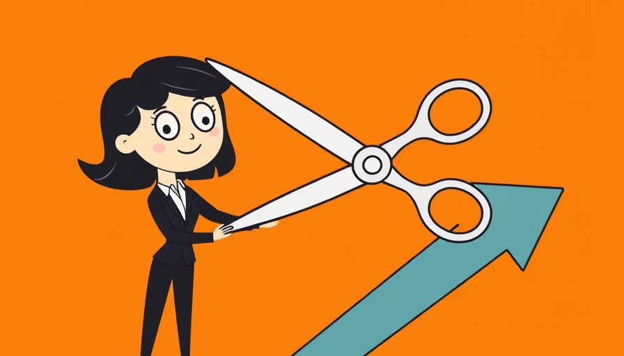 Illustration: Woman cutting downward arrow, symbolizing CRM solutions.