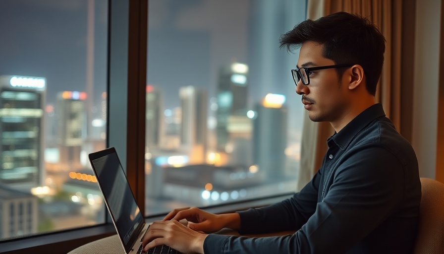 Young man working on laptop in a hotel room with city view, Trump's Foreign Students Ban.