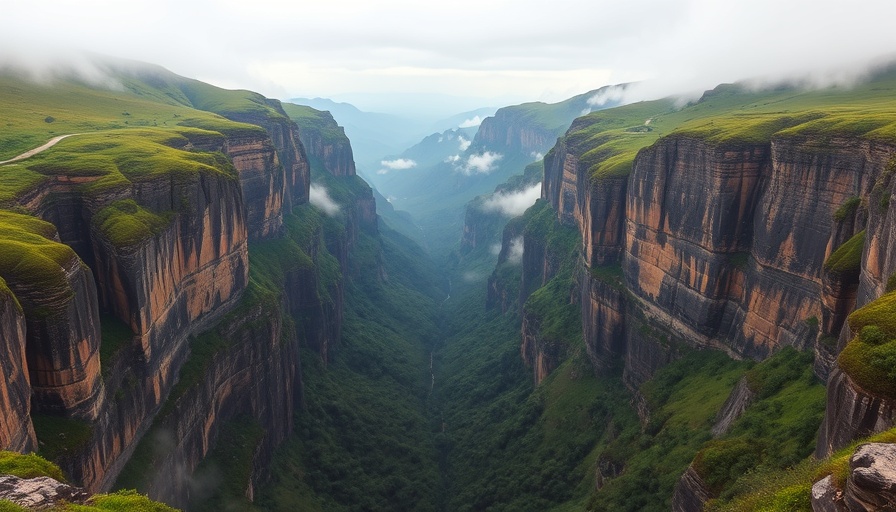 Lush green hills and rocky cliffs with winding road.