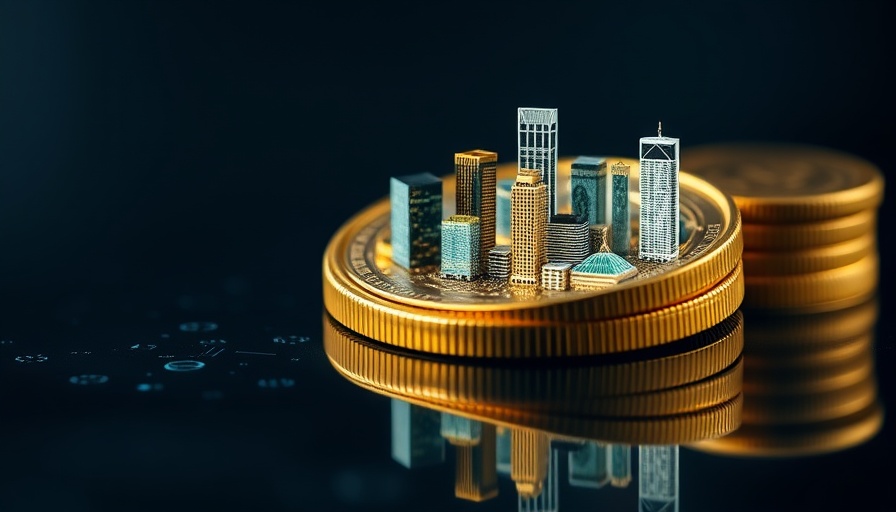 Digital coins with cityscape representing stablecoin usage.