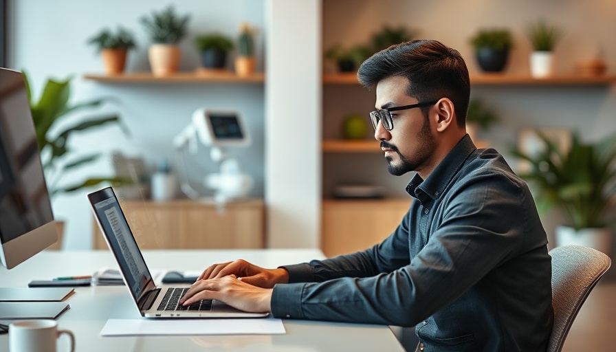 Entrepreneur using AI tools for one-person business at a desk.