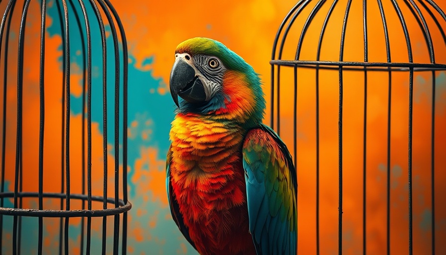 Colorful parrot with caged head beside an open birdcage, symbolizing mindfulness and mental health.
