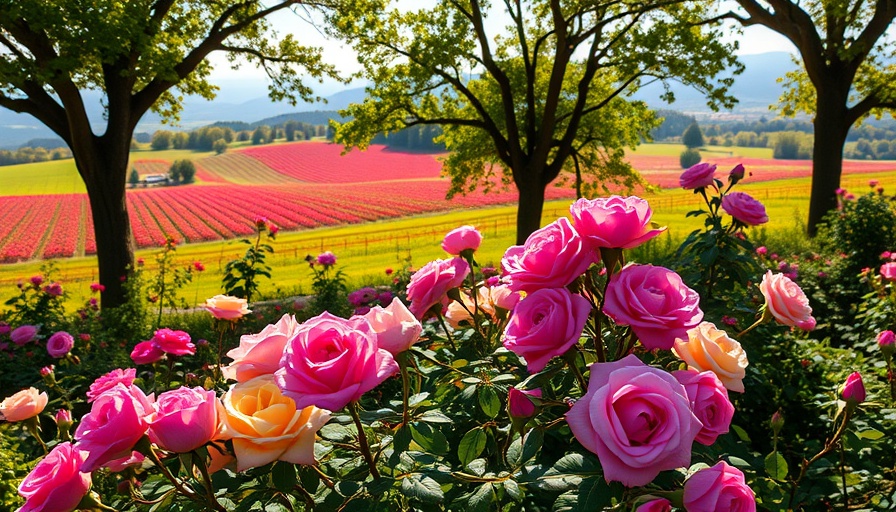 Vibrant flower garden on a South African farm with mountains.