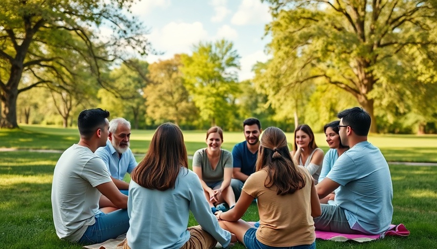 Support group in a serene park setting for addiction recovery.