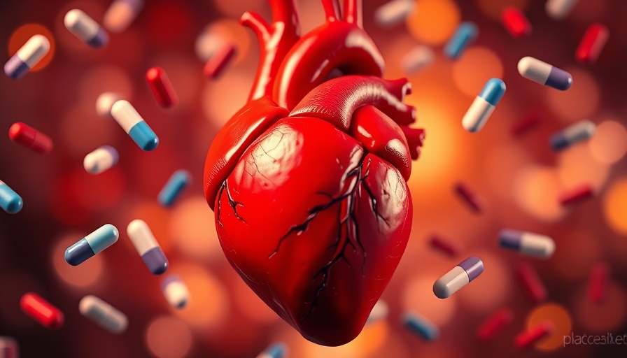 Heart surrounded by pills, symbolizing 'Your Heart Could Be Decades Older'.