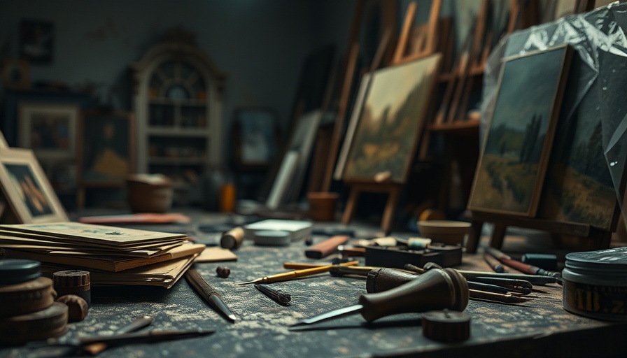 Art scam alert scene in a dimly lit studio with forged paintings.