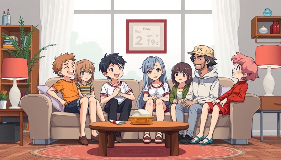 Cartoon characters discussing on a couch with vibrant decor.