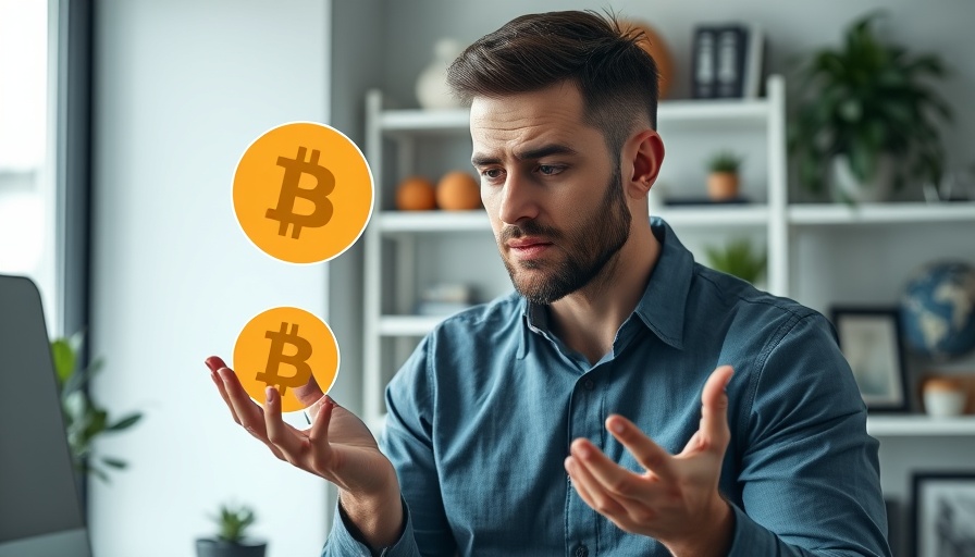 Concerned man with Bitcoin and debt symbols in office.