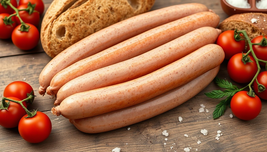 Fresh Pfefferbeißer sausages with tomatoes and bread on a plate.