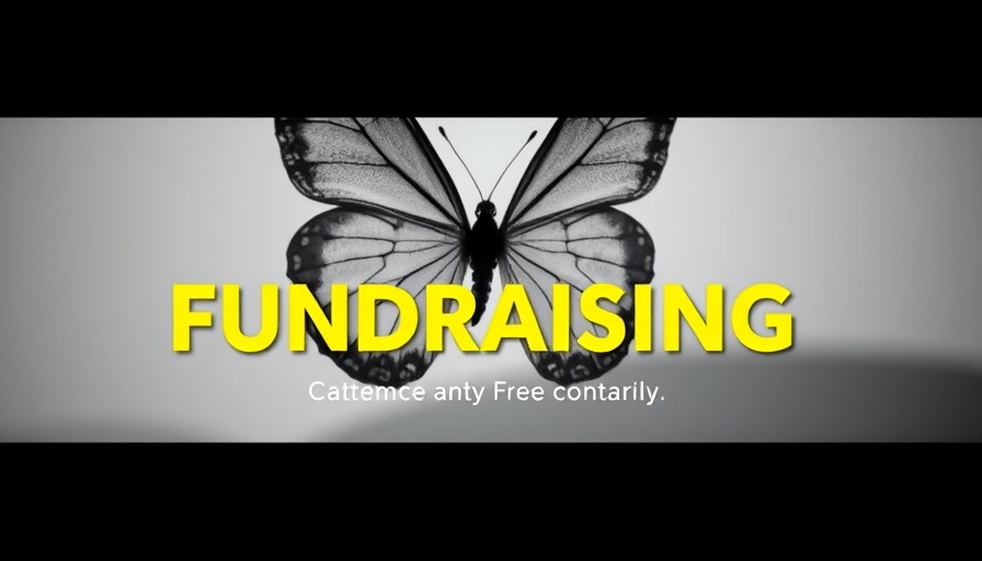 Butterfly with fundraising theme text overlay.