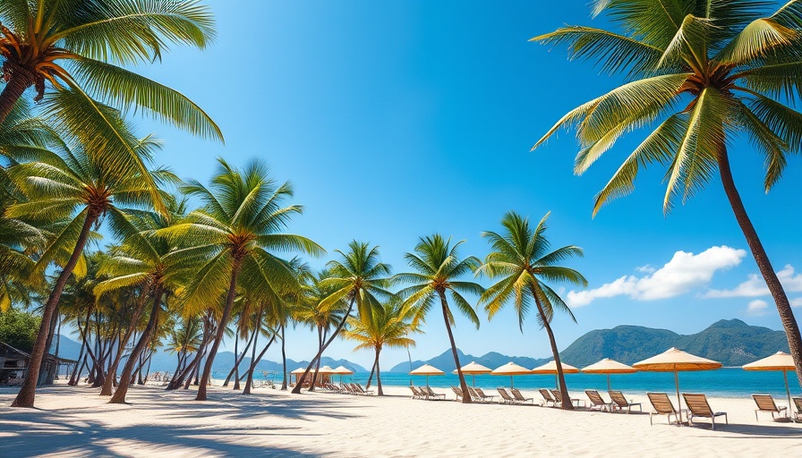 Scenic tropical beach in Mexico with palm trees and beach umbrellas