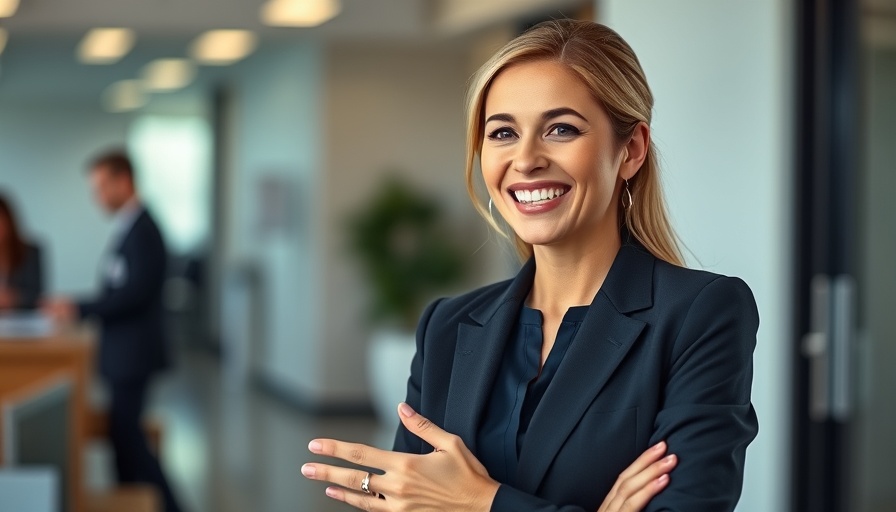 Confident woman speaking on camera, joyful leadership workplace culture.