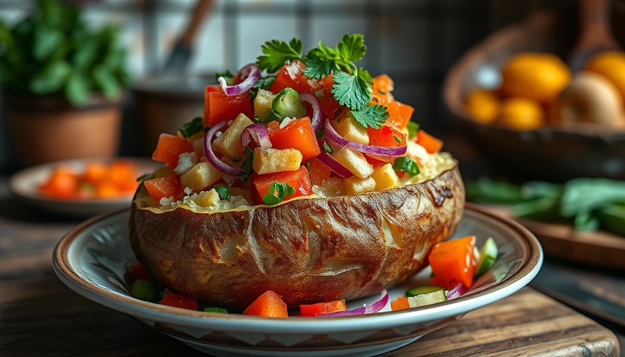 Loaded baked potato bowl with vibrant toppings and lime.