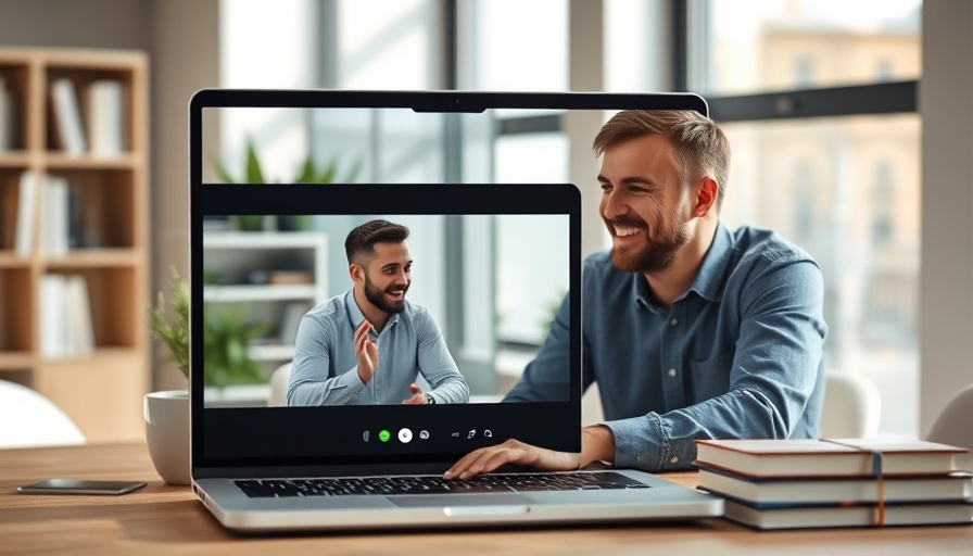 Laptop with virtual meeting displaying two men smiling, office setting.