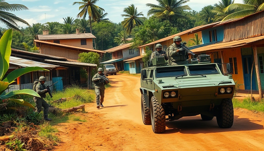 Military patrol in tropical village highlighting Maputo's failure to pay Kigali's security bill.