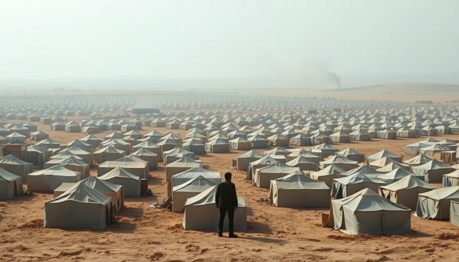 Vast refugee camp scene, lone figure, overcast skies.