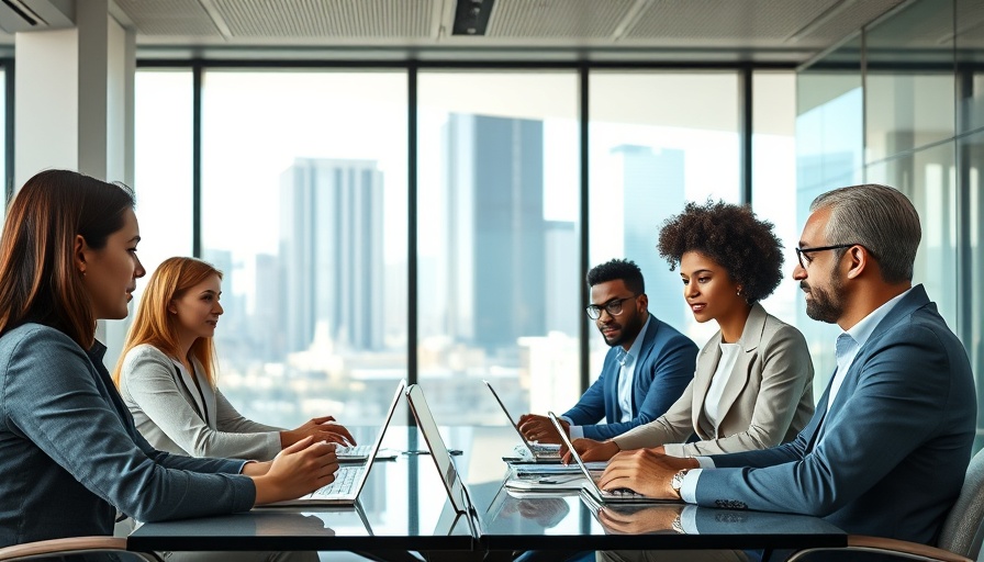 Professionals discussing direct sourcing tech and human connection in a modern office.