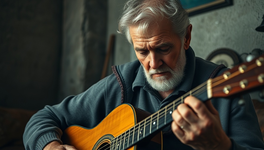 Elderly man playing guitar, showcasing the healing virtue of art.
