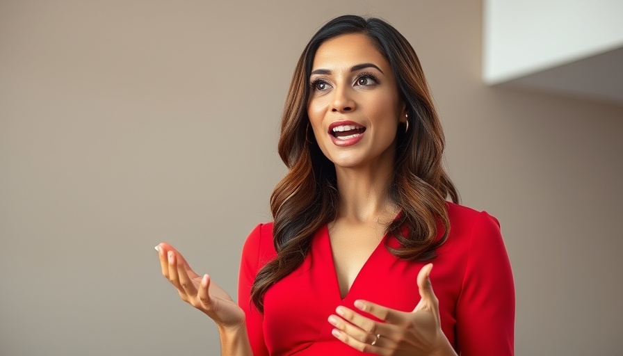Confident woman speaking passionately indoors, overcome intrusive thoughts.