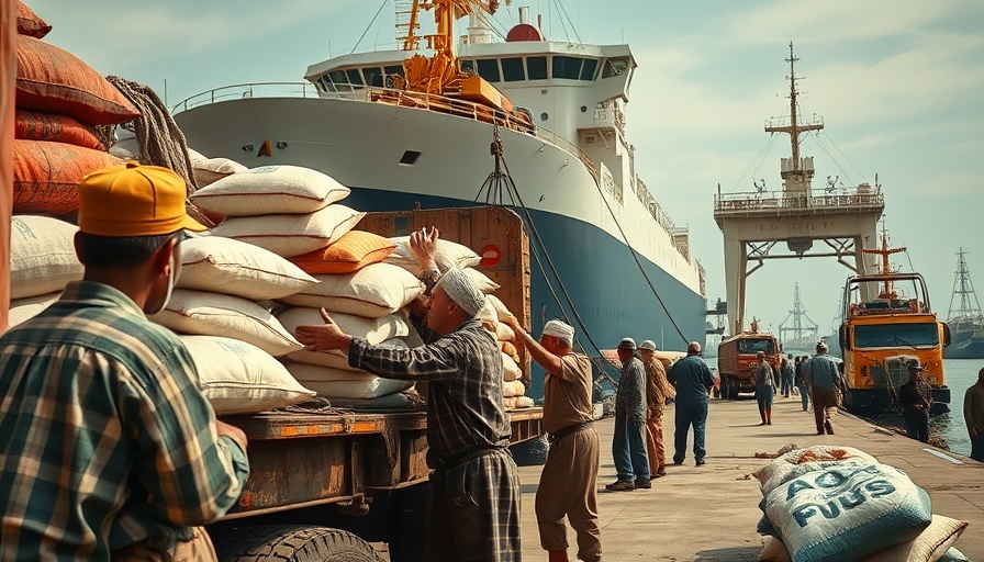 Workers at port moving sacks, indicative of market activities.