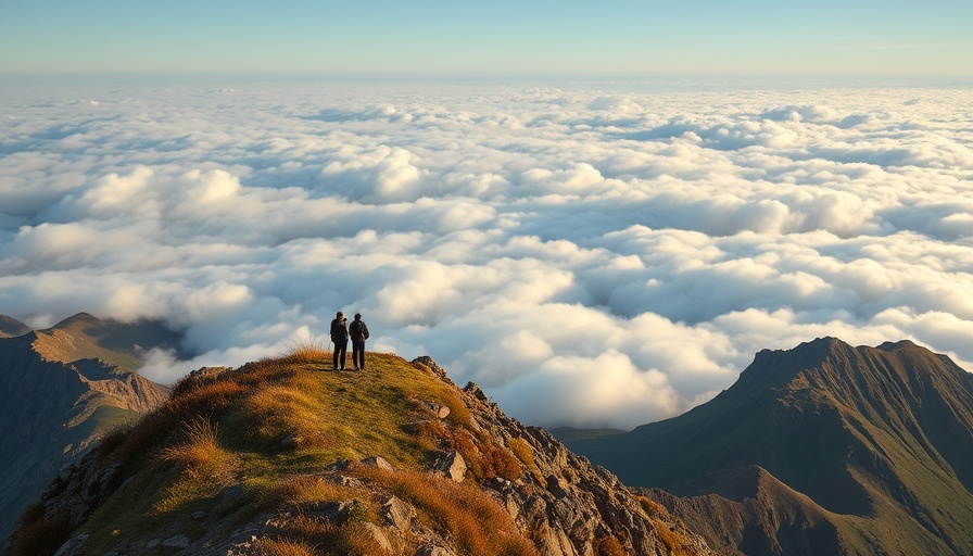 Experiential travel adventurers on mountain peak with cloud sea.
