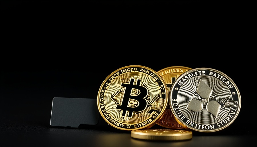 Close-up of Ethereum, Bitcoin, Ripple coins with microSD on dark background.