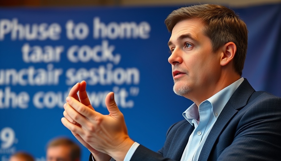 Male speaker at forum gesturing thoughtfully.