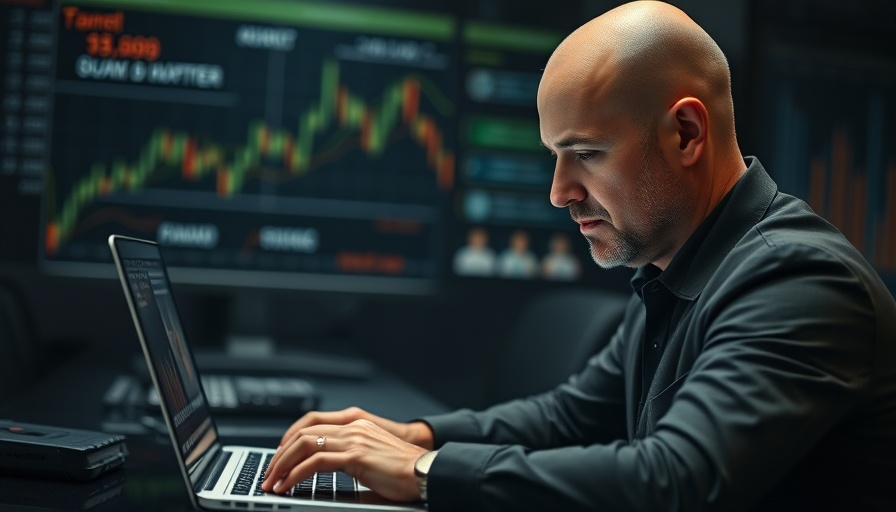 Bald man using a laptop with financial graphics, AI Business Models.