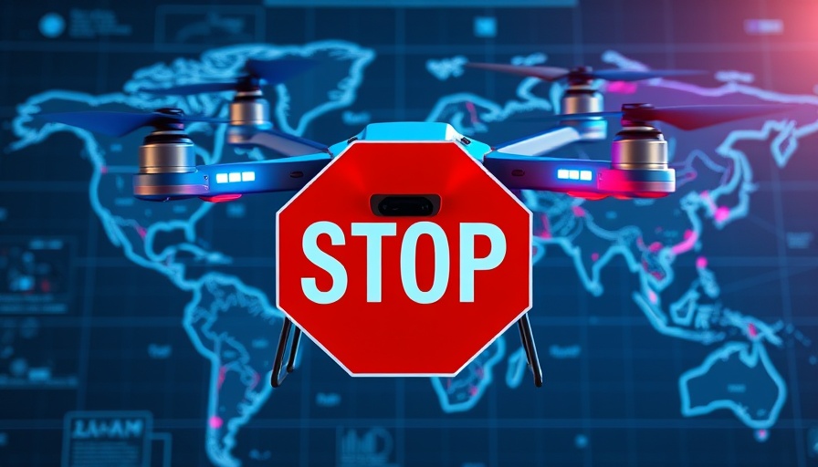 Quadcopter drone with stop sign over world map symbolizing drone industry growth challenges.