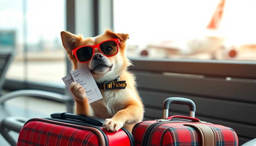 Stylish dog holding boarding pass, Italy travel, airplane cabin.