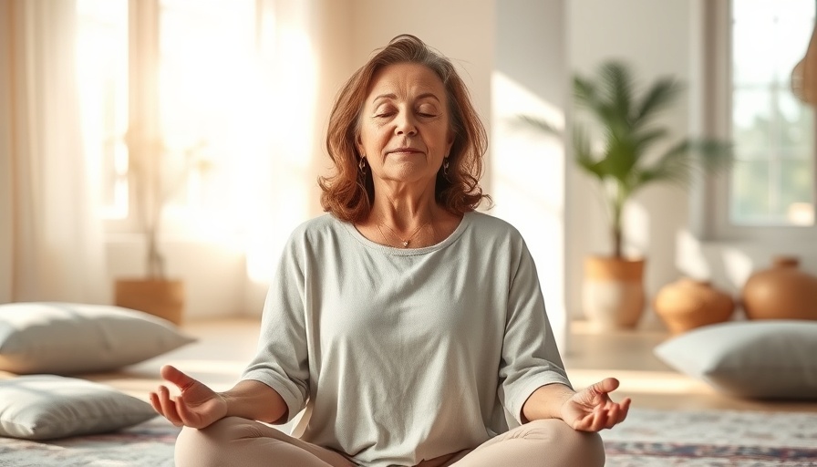 Middle-aged woman meditating peacefully in a serene environment.