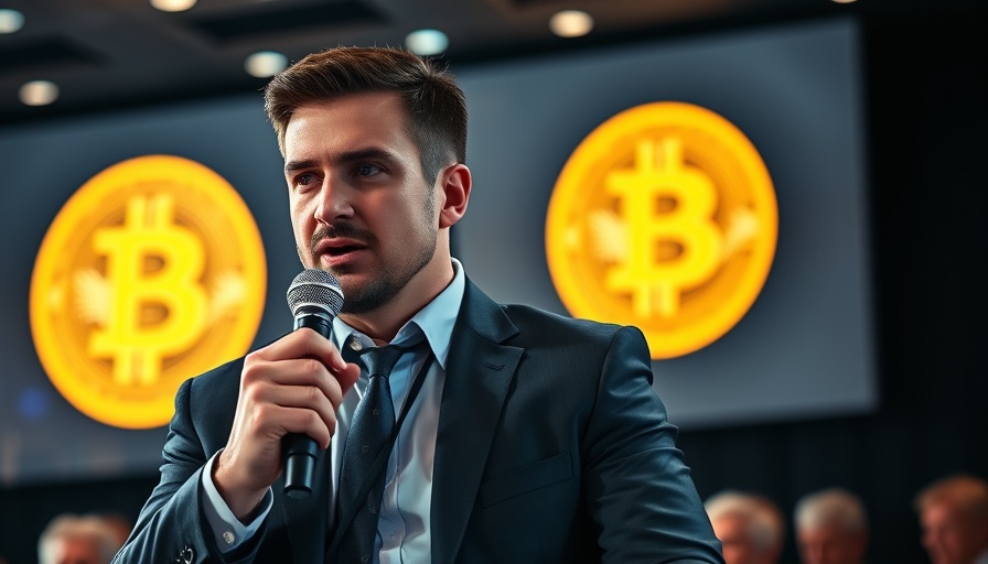 Confident businessman discusses Bitcoin Investment Initiative at conference.