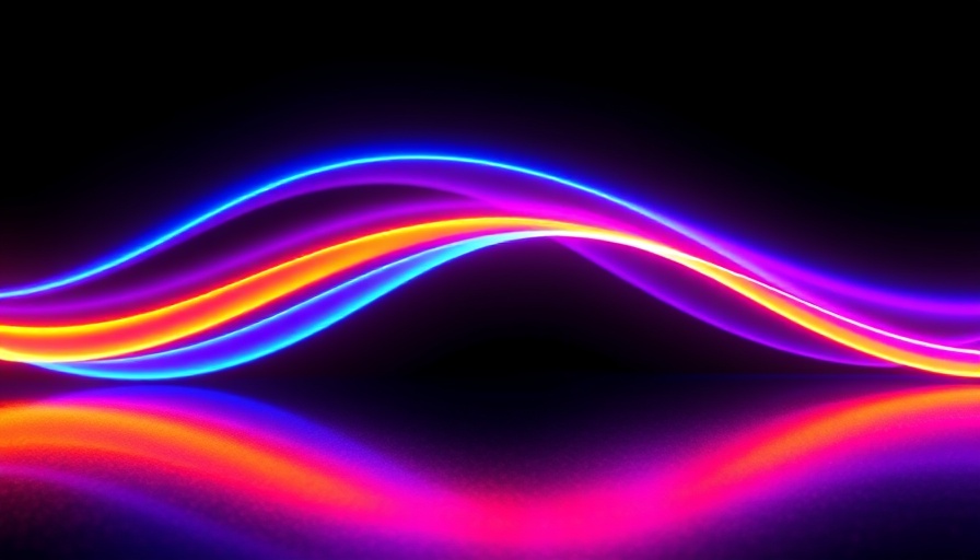 Vibrant neon wave curving on a reflective surface in blue, purple, and orange.