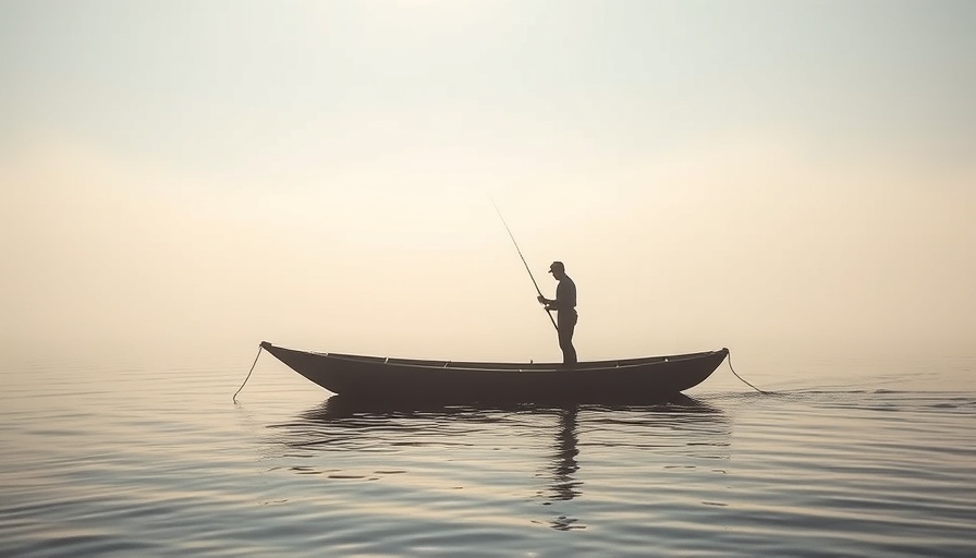 Serene fisherman on calm water reflects mindfulness and meditation benefits.
