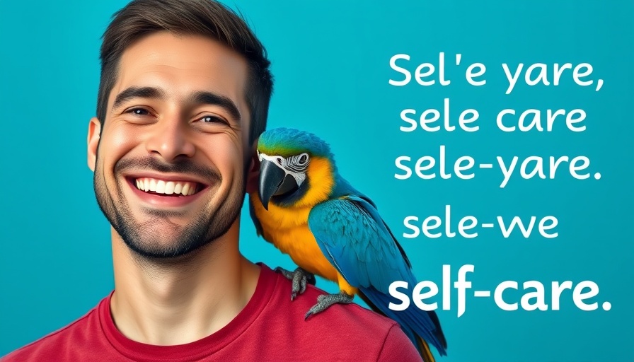 Mental health awareness image with a smiling man and blue macaw.