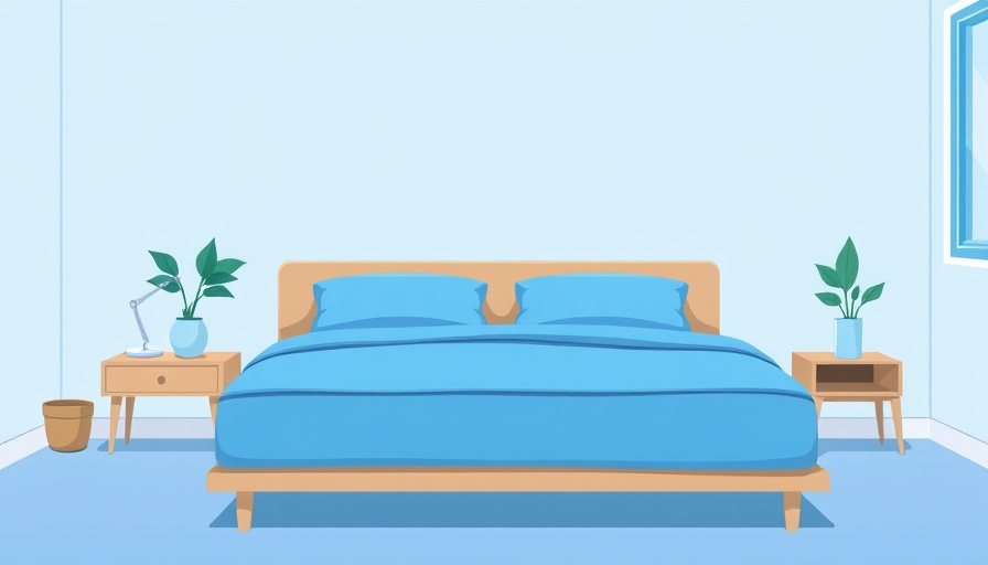 Modern blue bedroom with stylish bed and lamp, sleep health theme.