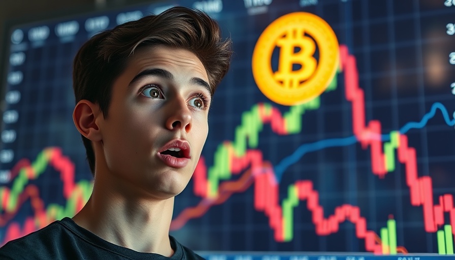 Surprised man observing Bitcoin price movements on digital chart.