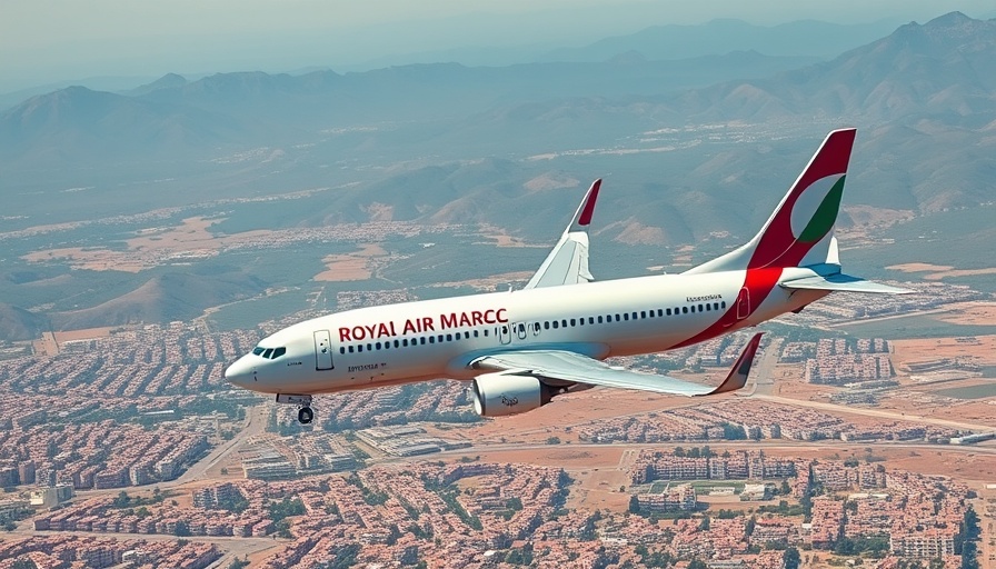 Royal Air Maroc Boeing 737 soaring over a Moroccan cityscape.