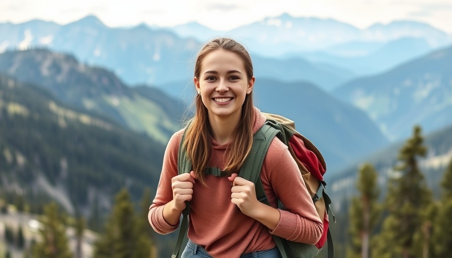 Woman hiking in mountains for mental wellness with backpack.