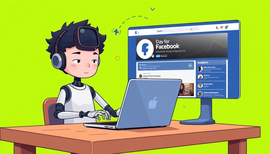 AI for Facebook content creation illustration with a robot and user.