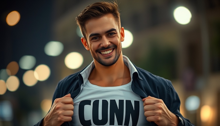 Casually dressed man showcasing shirt in evening setting, night background.